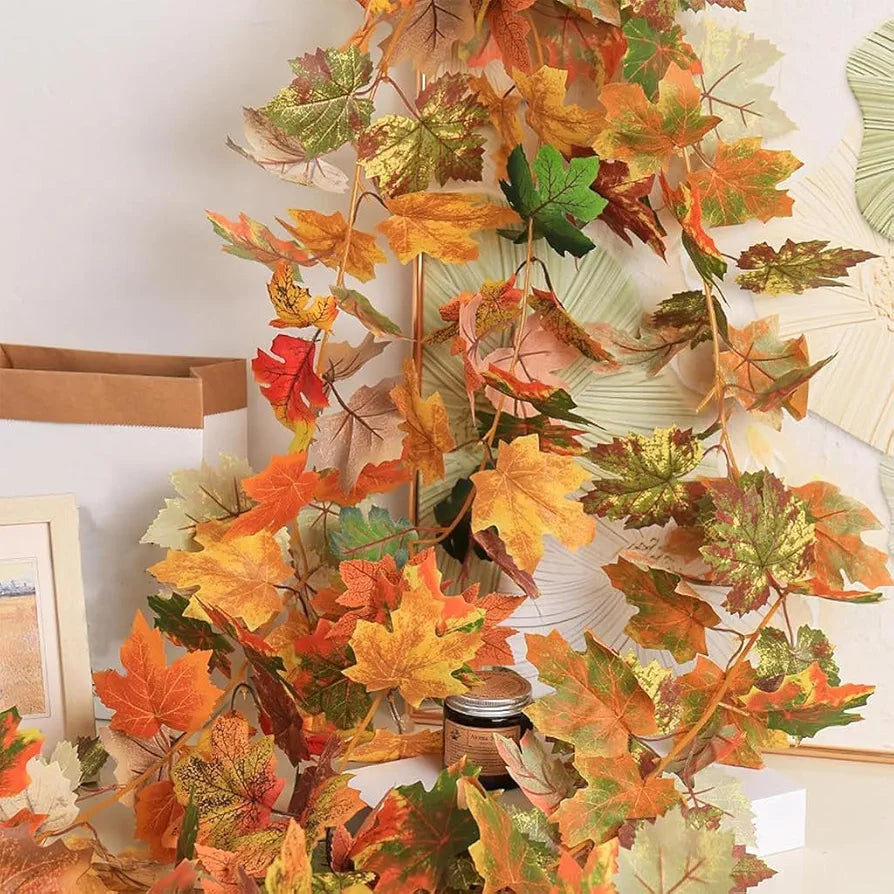 HASTHIP® 175CM/5.7FT Fall Leaves Garland, Fall Garland for Mantel, Artificial Maple Leaves Hanging Vine, Thanksgiving Halloween Garlands Leaf Decorations, Autumn Decorations for Home